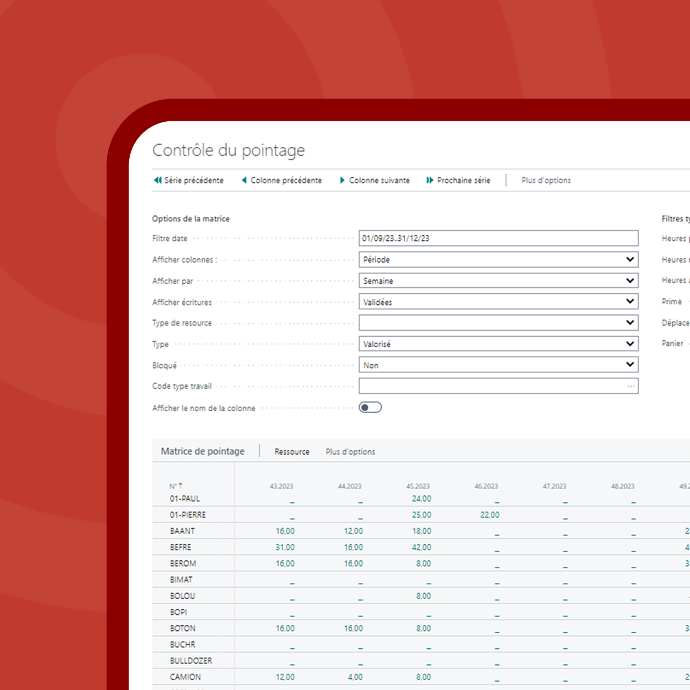écran de suivi de main d'oeuvre de l'ERP batiment